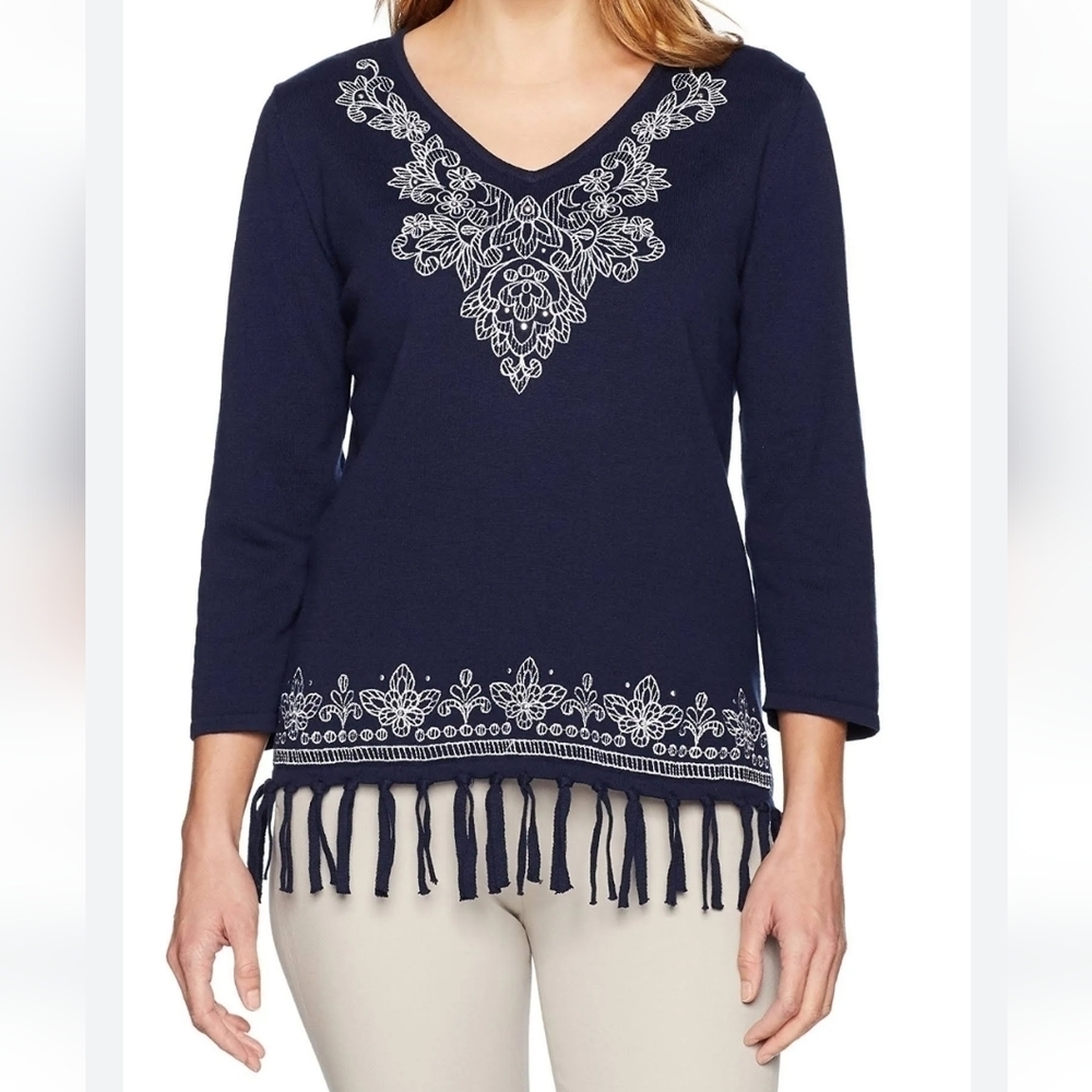 Alfred Dunner Women's Petite Embroidered Fringe Sweater Navy Size PL